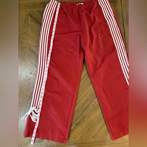 Cali1850 Muted Red Nylon Track Pants with White Stripe Ankle Ties Y2K NWOT - Picture 8 of 15